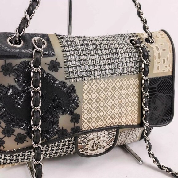 Authentic CHANEL PVC Tweed Patchwork Jumbo Single Flap Black - Picture 5 of 16